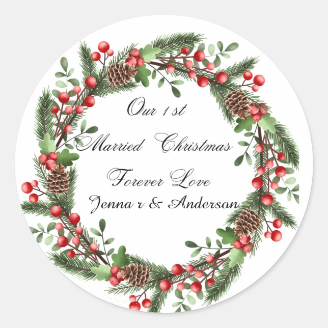 Personalised First Married Christmas stickerks Classic Round Sticker (Front)