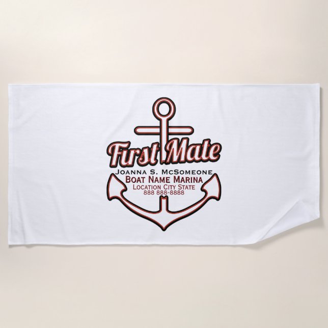 Personalised First Mate Anchor Nautical Beach Towel (Front)