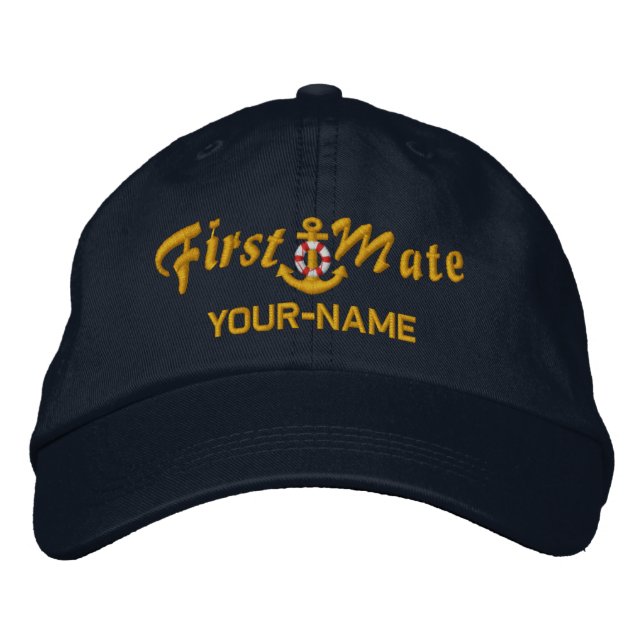 Personalised First Mate Lifesaver Anchor Golden Embroidered Hat (Front)