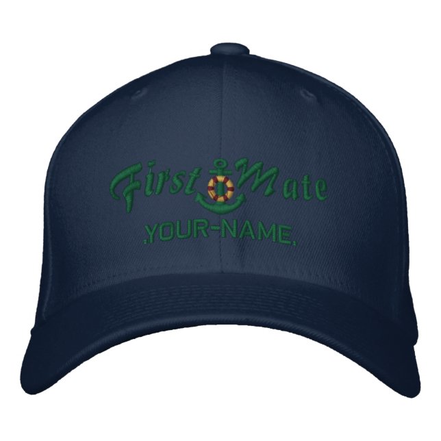 Personalised First Mate Lifesaver Anchor Green Embroidered Hat (Front)