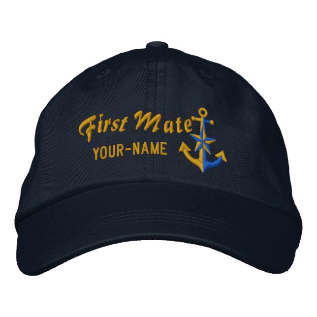 Personalised First Mate Nautical Anchor Golden Embroidered Hat (Front)