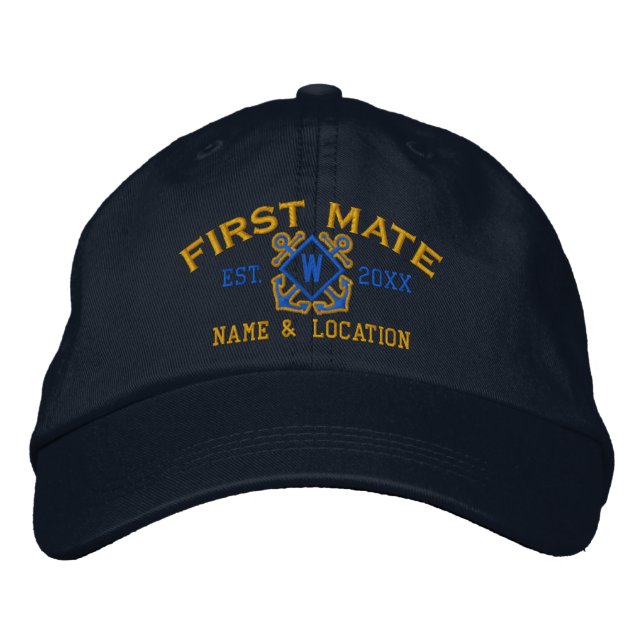 Personalised First Mate Nautical Monogram & more Embroidered Hat (Front)
