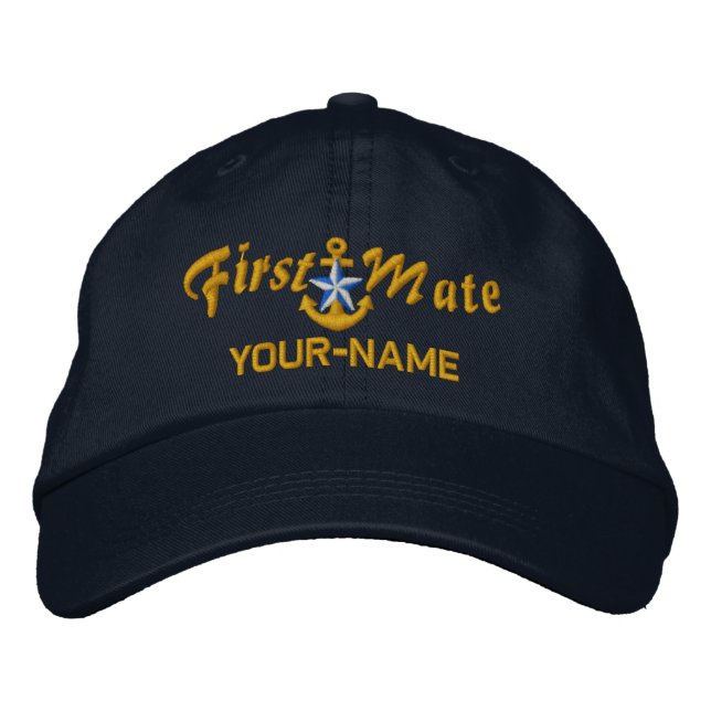 Personalised First Mate Star Anchor Golden Embroidered Hat (Front)