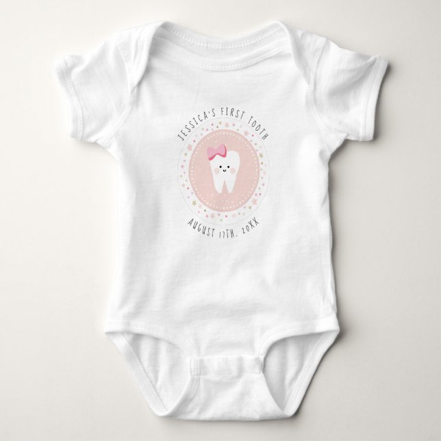 Personalised First Tooth Girl Milestones Outfit. Baby Bodysuit (Front)