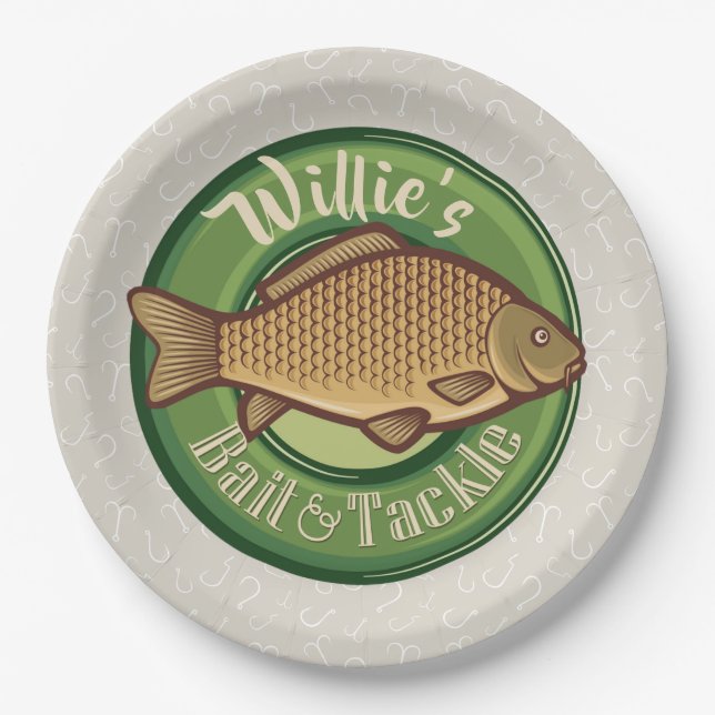 Personalised Fish and Tackle Shop Fishing Angler Paper Plate (Front)