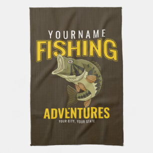 Personalised Fishing Adventures Bass Fish Angler  Tea Towel