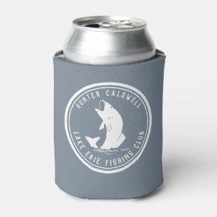 Personalised fishing emblem dusty blue can cooler