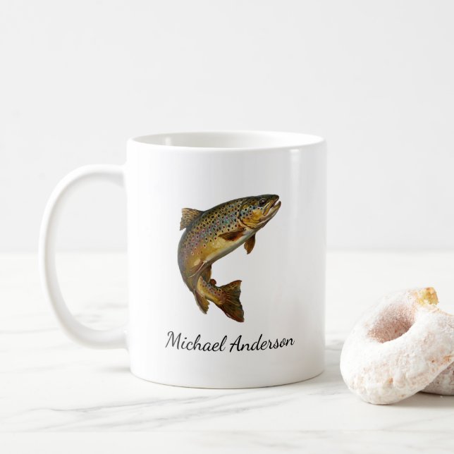 Personalised Fishing Lover  – Trout Fishing Design Coffee Mug (With Donut)
