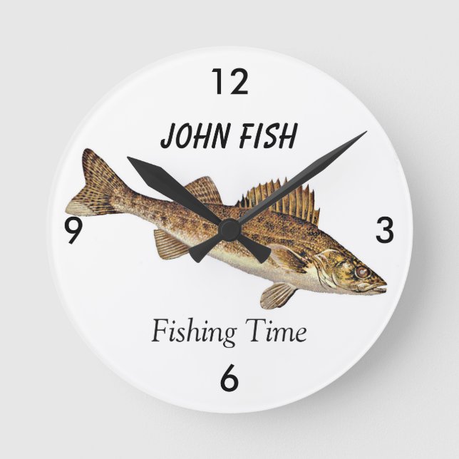Personalised "Fishing Time" With Walleye Pike Round Clock (Front)