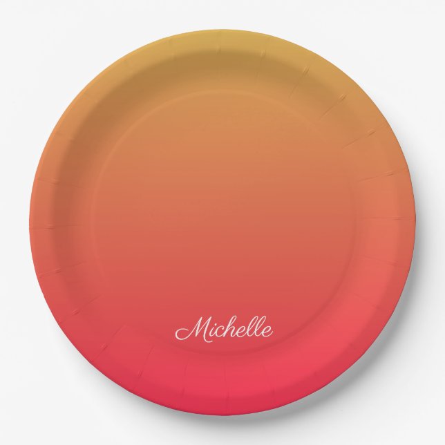 Personalised flame red and yellow ombre paper plate (Front)