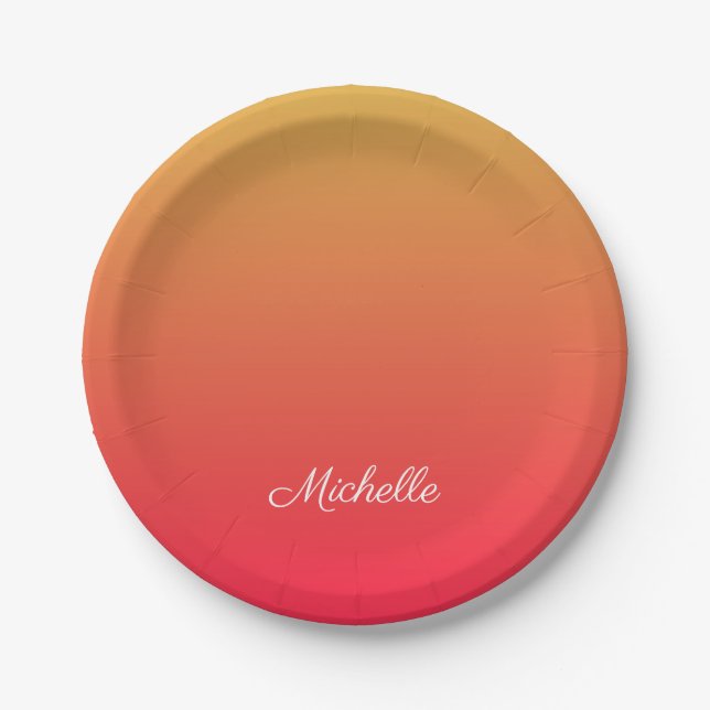 Personalised flame red and yellow ombre paper plate (Front)