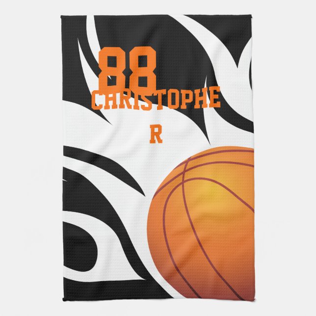 Personalised Flaming Basketball Black and White Tea Towel (Vertical)