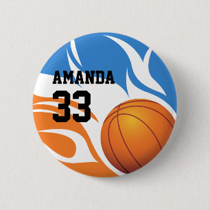 Personalised Flaming Basketball Blue and Orange 6 Cm Round Badge
