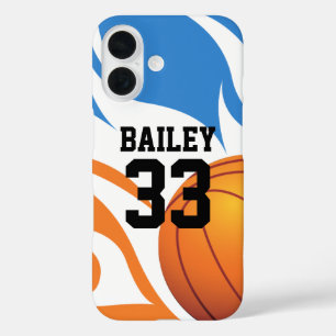 Personalised Flaming Basketball Blue and Orange iPhone 16 Case