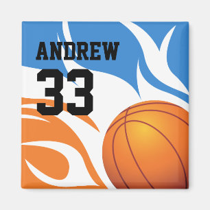Personalised Flaming Basketball Blue and Orange Magnet