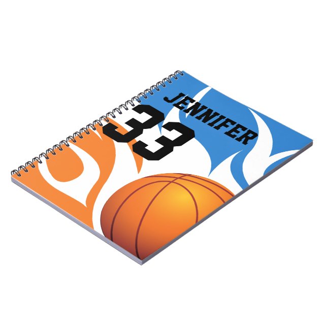 Personalised Flaming Basketball Blue and Orange Notebook (Left Side)