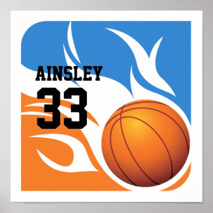 Personalised Flaming Basketball Blue and Orange Poster