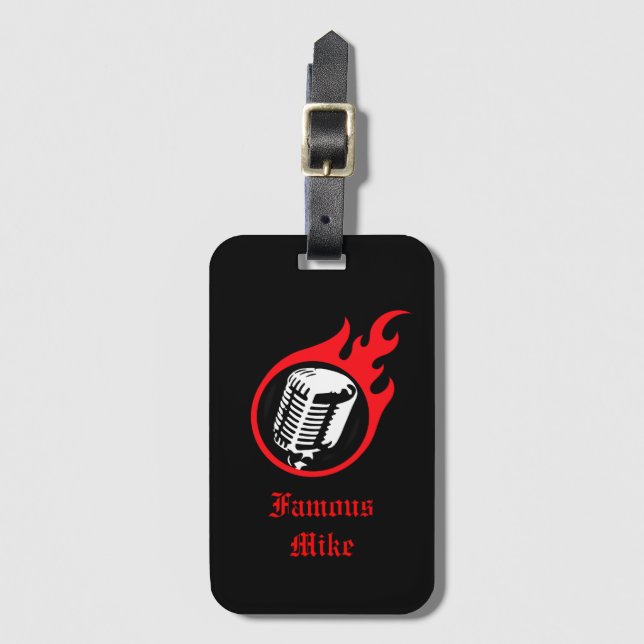 Personalised Flaming Microphone Luggage Tag (Front Vertical)
