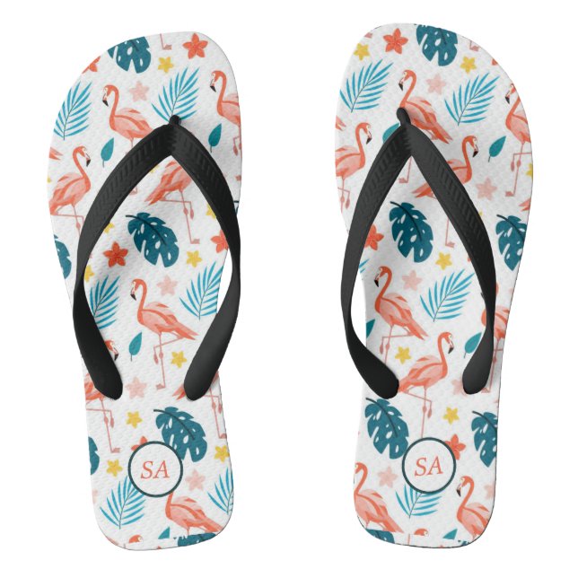 Personalised Flamingo Palm Tree Blue Red Beach Thongs (Footbed)
