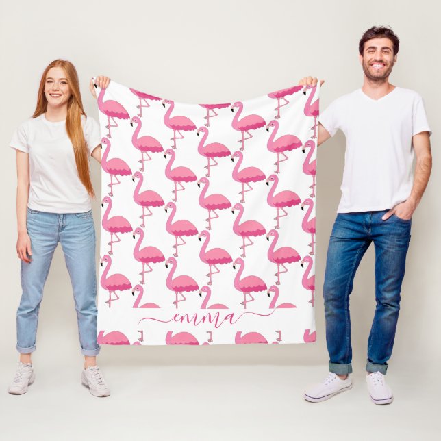 Personalised Flamingo Patter With Custom Name  Fleece Blanket (In Situ)