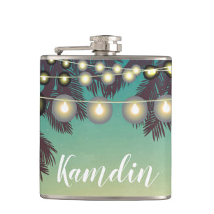 Personalised Flask Beach Sunset Palm Tree String L