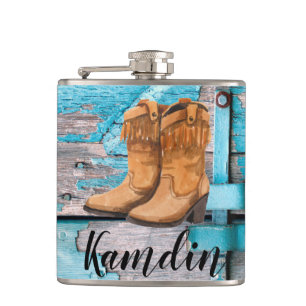Personalised Flask Blue Wood Barn Door Boots Count