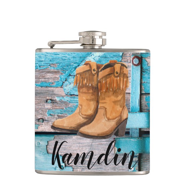 Personalised Flask Blue Wood Barn Door Boots Count (Front)