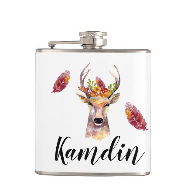 Personalised Flask boho deer Buck Head Browning Bo (Front)