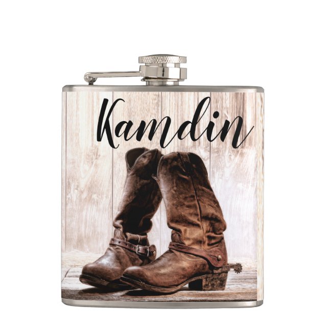 Personalised Flask boots country rustic western we (Front)
