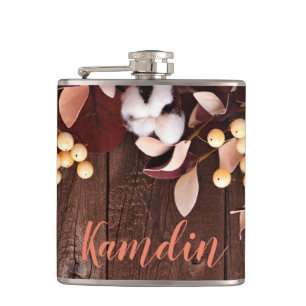 Personalised Flask Cotton Branch on Dark Wood Stem