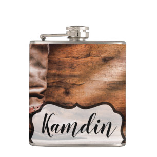 Personalised Flask Cowboy Boots Barn Wood Rustic C