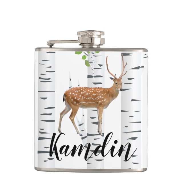 Personalised Flask Deer Doe Buck Woodland Hunting (Front)