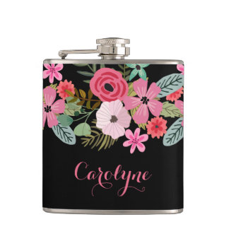 Personalised flask floral black pink Add your name