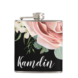 Personalised Flask Geometric Garden Rose Black