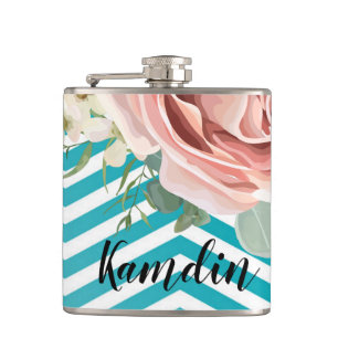 Personalised Flask Geometric Rose Chevron Teal