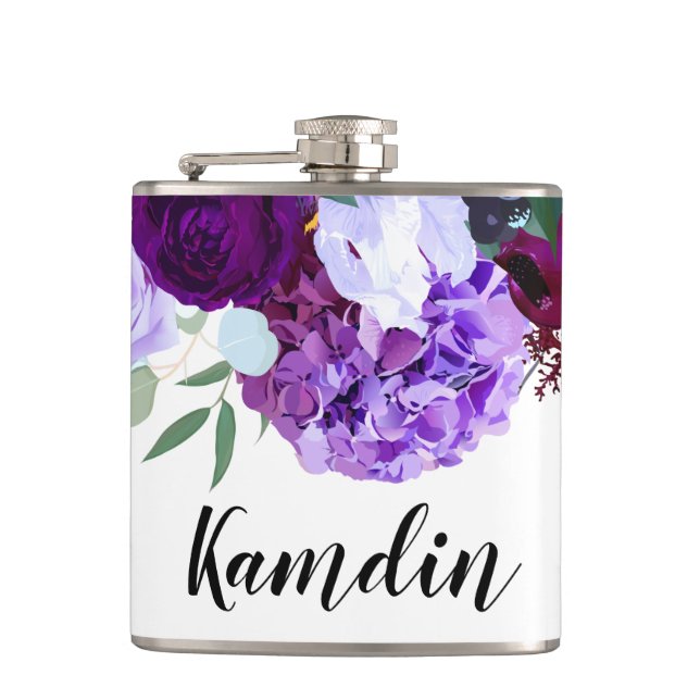 Personalised Flask Lavender Hibiscus on White (Front)