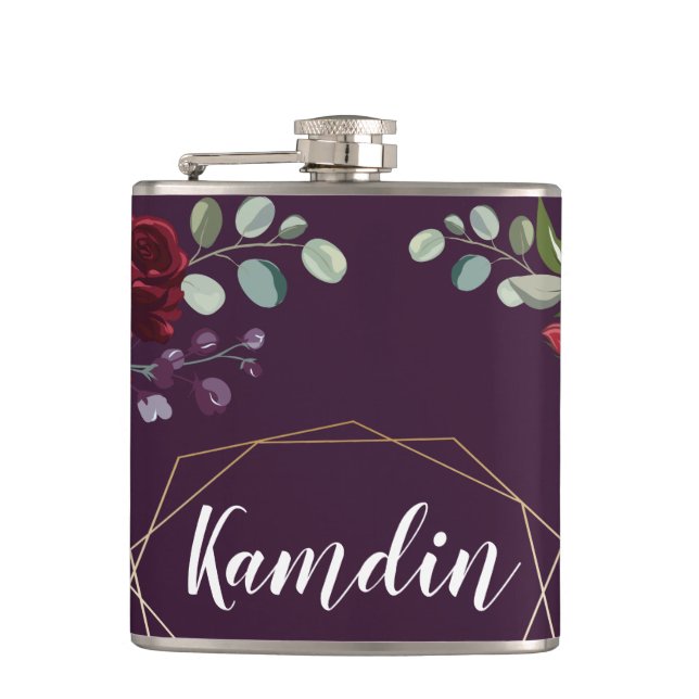 Personalised Flask Plum Purple Roses Gold Geometri (Front)