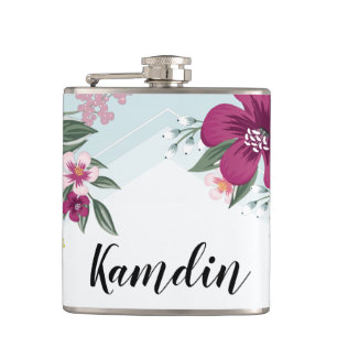 Personalised Flask Tropical Flower on Blue Ombre