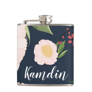 Personalised Flask White Floral Flowers on Dark Bl