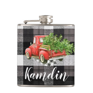 Personalised Flask XMAS Truck Baffalo Plaid Black