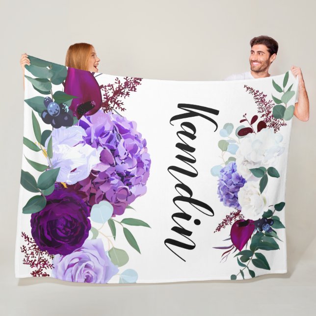 Personalised Fleece Throw Lavender Hibiscus on W (In Situ)