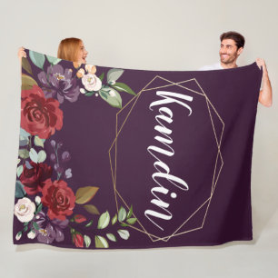 Personalised Fleece Throw Plum Purple Roses Gold G Blanket
