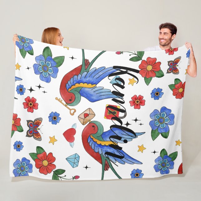 Personalised Fleece Throw Traditional Bird Tattoo (In Situ)