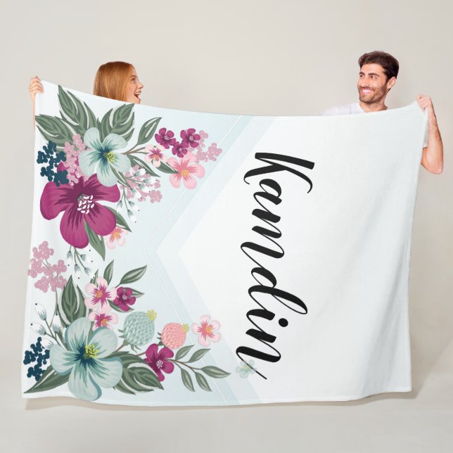 Personalised Fleece Throw Tropical Flower on Blue (In Situ)