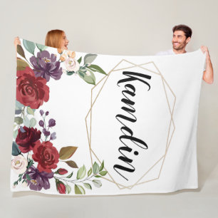 Personalised Fleece Throw White Roses Gold Geometr