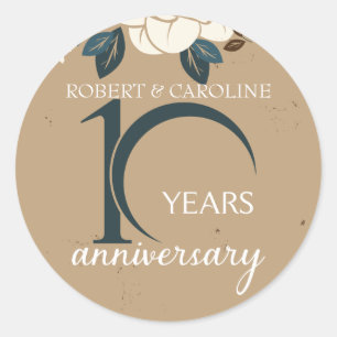 Personalised Floral 10th Wedding Anniversary Classic Round Sticker