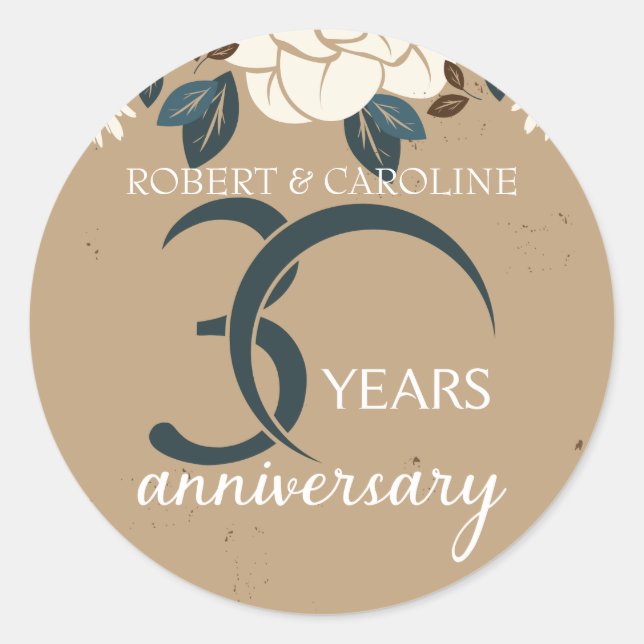 Personalised Floral 30th Wedding Anniversary Classic Round Sticker (Front)