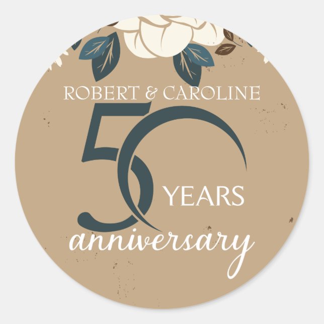 Personalised Floral 50th Wedding Anniversary Classic Round Sticker (Front)