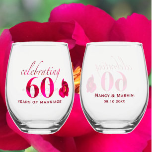 Personalised Floral 60th Wedding Anniversary Gift Stemless Wine Glass