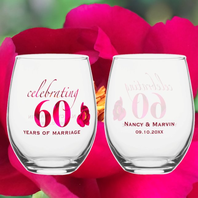 Personalised Floral 60th Wedding Anniversary Gift Stemless Wine Glass (Personalized this beautiful floral wine glass template for a unique 60th anniversary gift keepsake.)